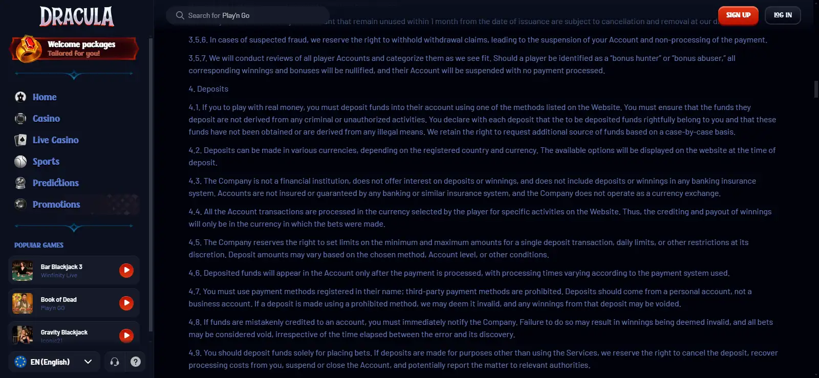 Current Dracula Casino cashier or payment-method interface