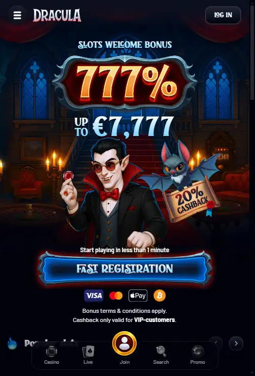 Dracula Casino website displayed in a mobile browser