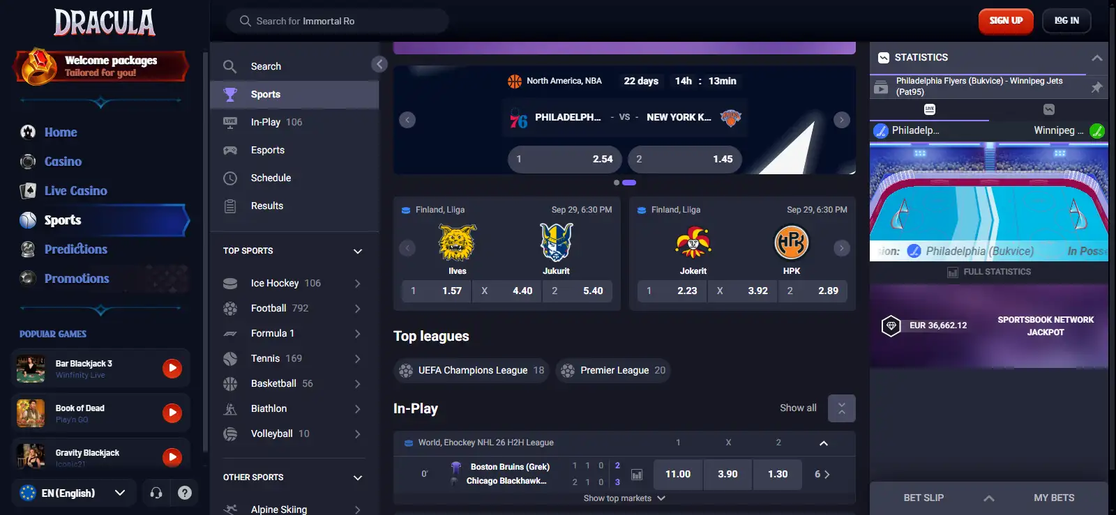 Current Dracula Casino sportsbook interface