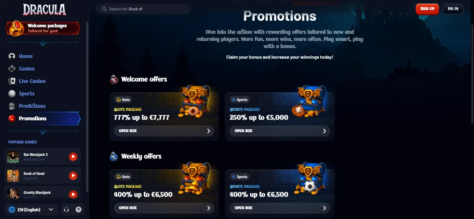 Current Dracula Casino UK bonus page