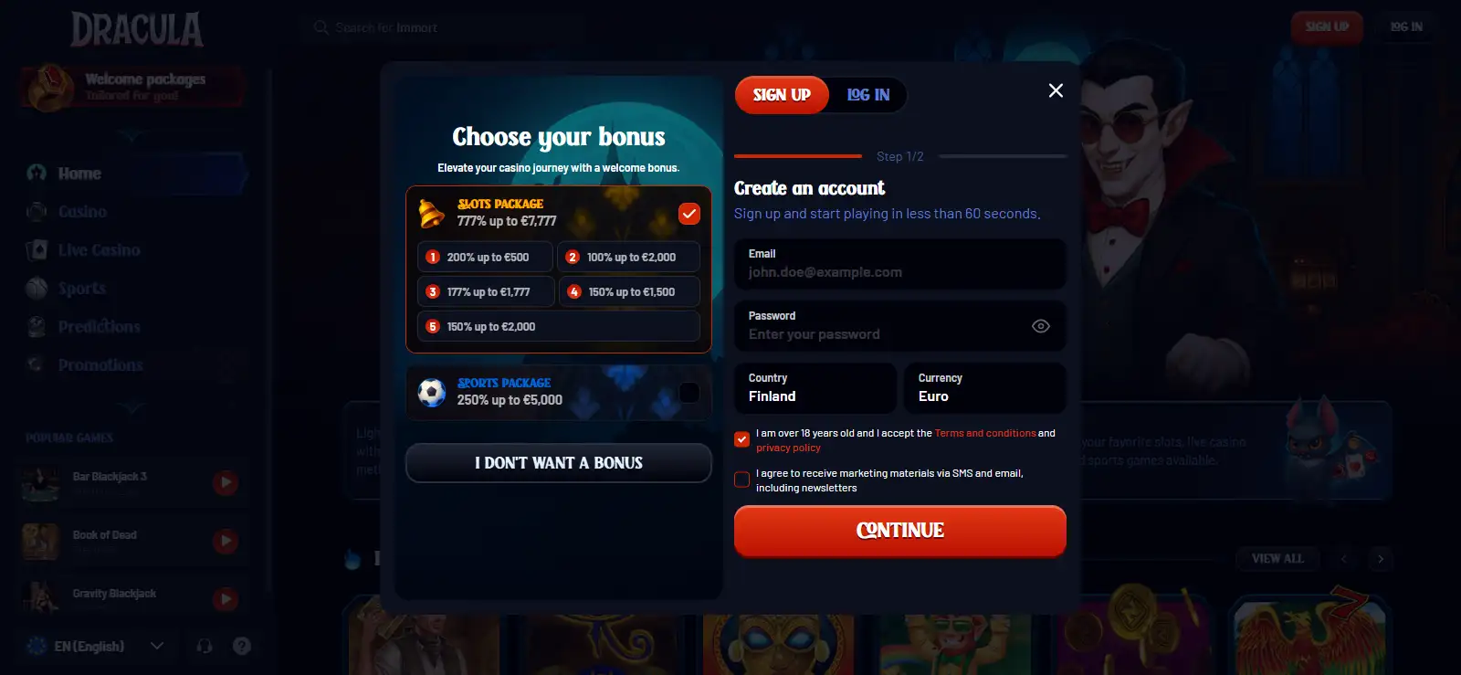 Dracula Casino registration form with country and currency selection