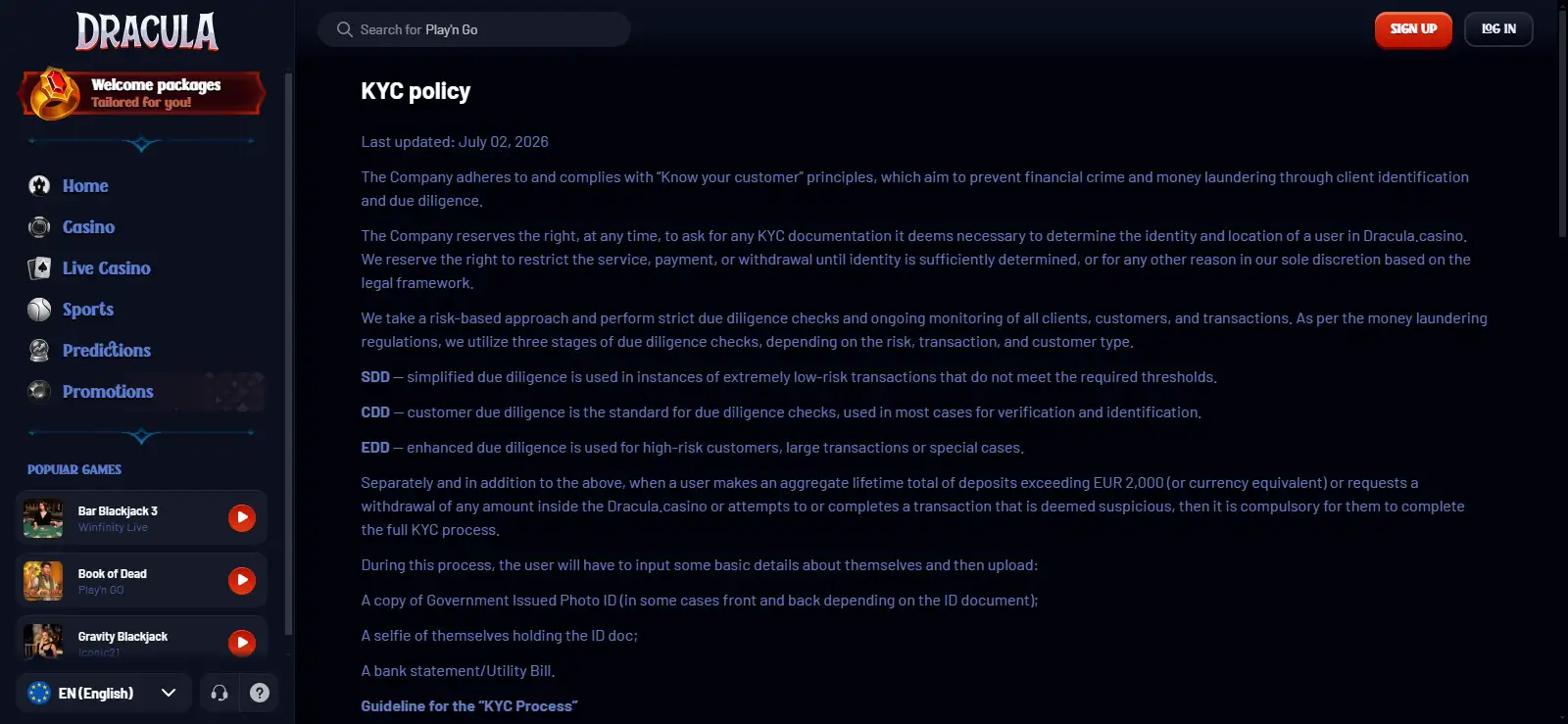 Dracula Casino verification policy or KYC account screen