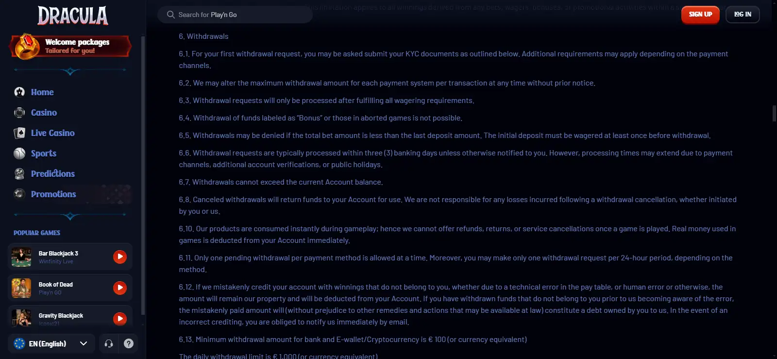 Current Dracula Casino withdrawal cashier or withdrawal terms