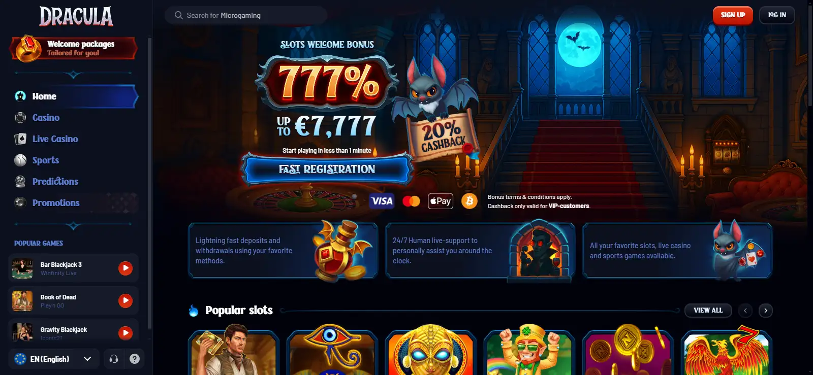 Dracula Casino UK-facing website homepage