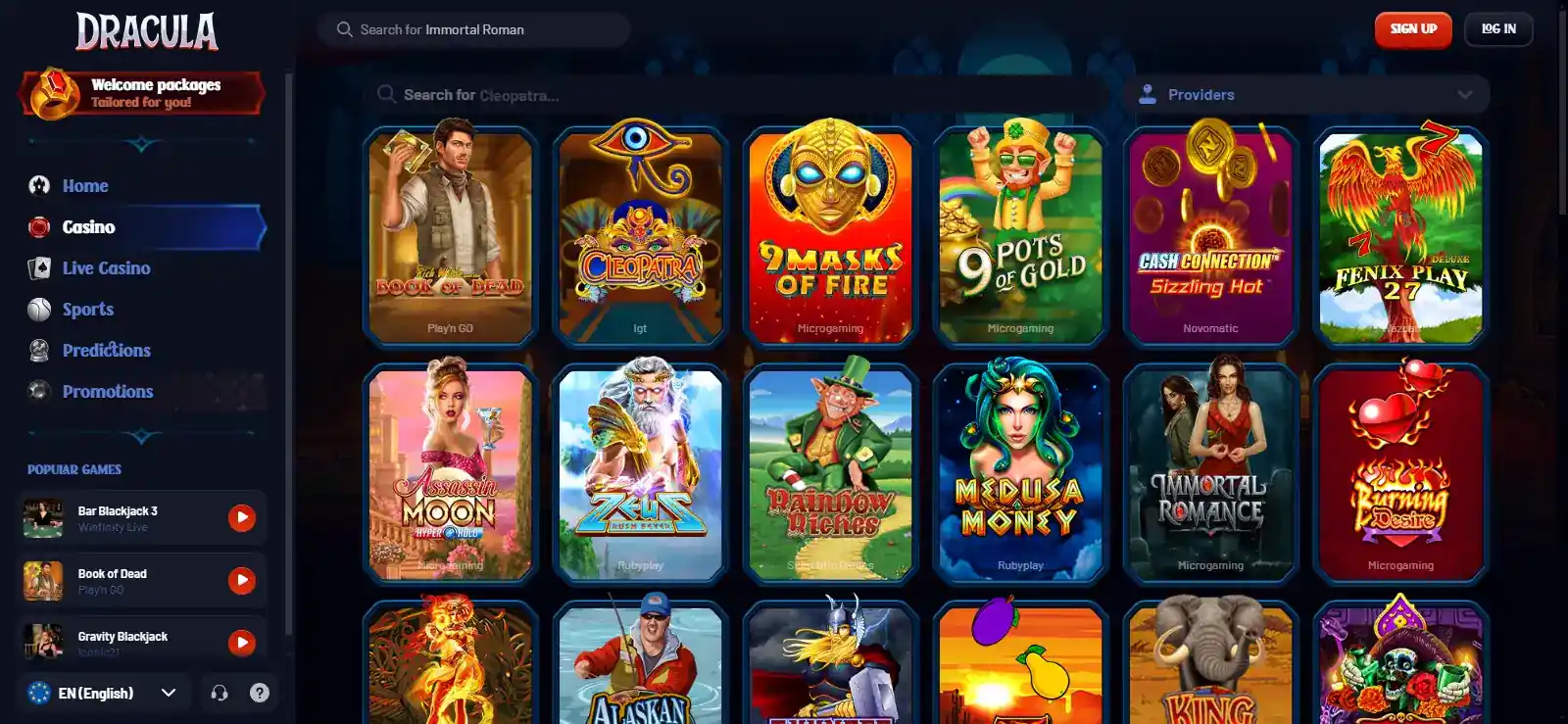 Dracula Casino games and category menu